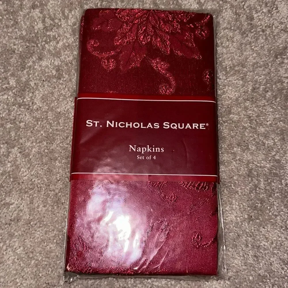 St. Nicholas Square Napkins Set of Four in Poinsettia Scroll Red!